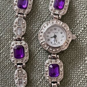 Nouvelle Watch and Bracelet VTG - Metal Silver Tone w/Purple & Crystal Stones.